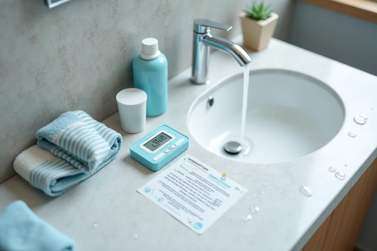 Gros plan sur des accessoires de salle de bain familiaux pour économiser l'eau sous la douche avec un minuteur et des produits écologiques