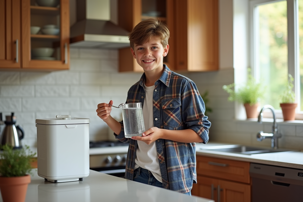 Adolescent dans la cuisine avec filtration d