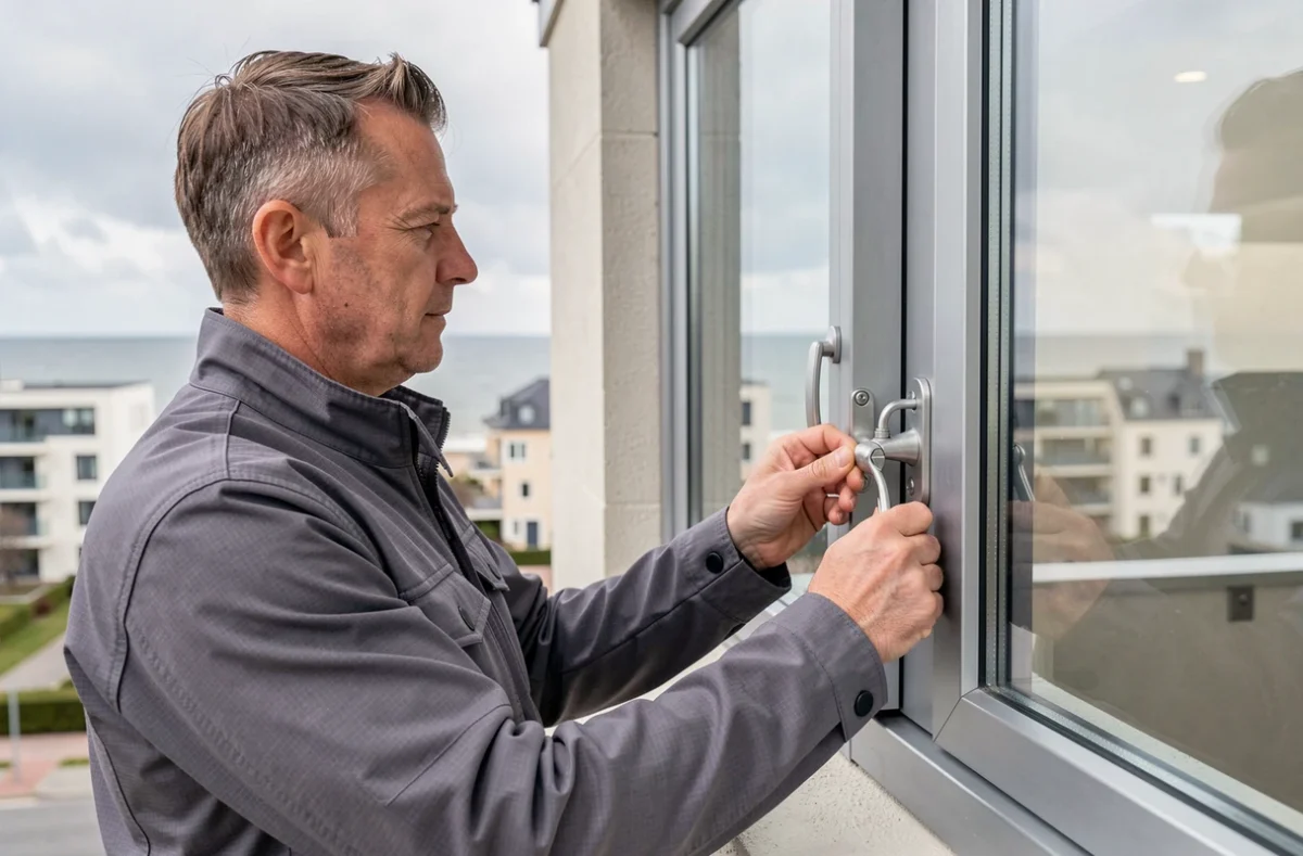 Technicien d'Alu Service Saint-Brieuc réglant le mécanisme d'une fenêtre aluminium moderne sur immeuble contemporain