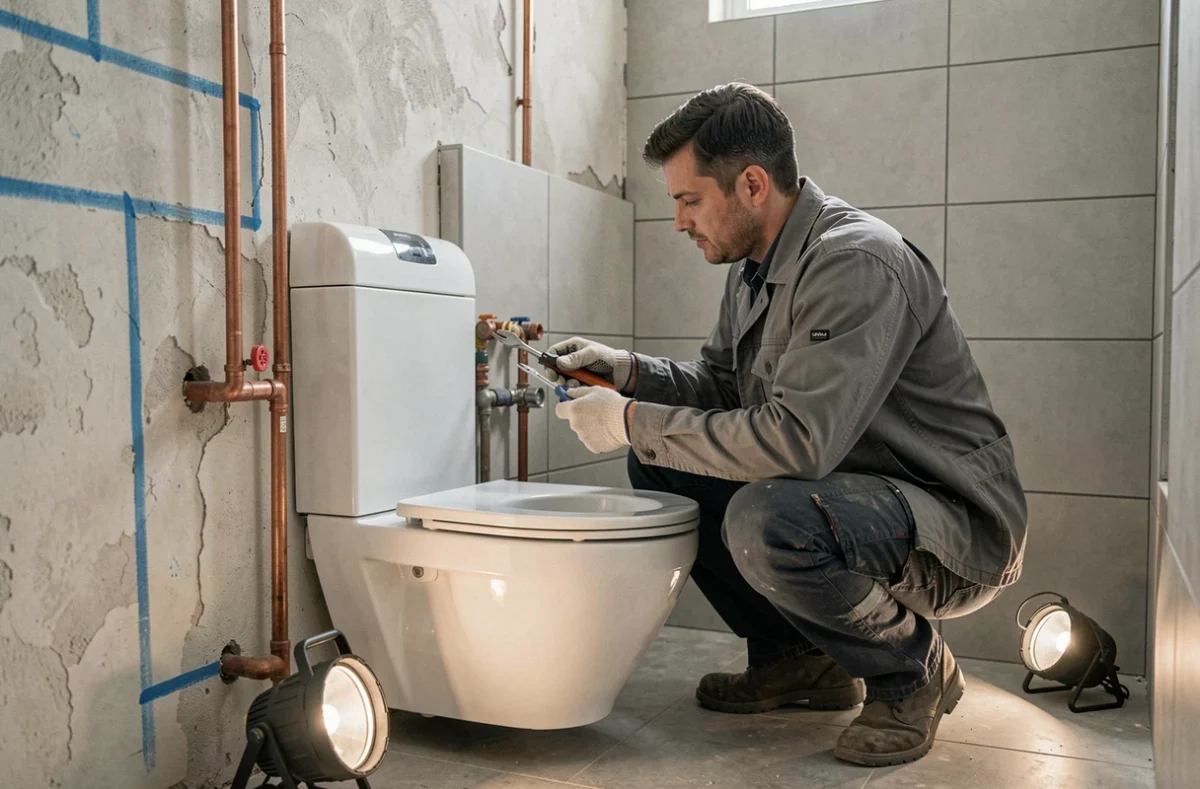 Plombier AML Plomberie Chauffage en train de raccorder des tuyaux dans une salle de bain en rénovation
