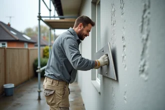 Ouvrier appliquant un enduit extérieur sur panneau de polystyrène lors d'une rénovation de façade