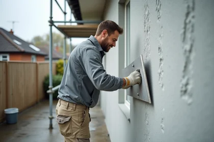 Ouvrier appliquant un enduit extérieur sur panneau de polystyrène lors d'une rénovation de façade