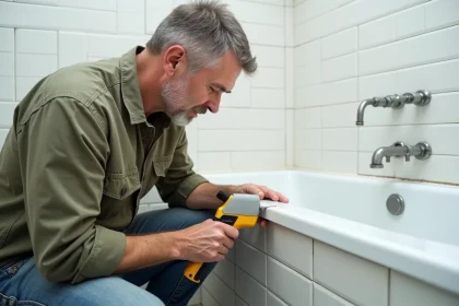 Artisan appliquant un joint acrylique blanc sur le contour d'une baignoire après peinture dans une salle de bain carrelée