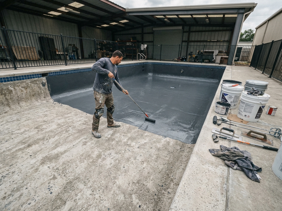 Professionnel appliquant de la résine au rouleau dans une piscine vidée montrant la transformation du béton brut en surface lisse