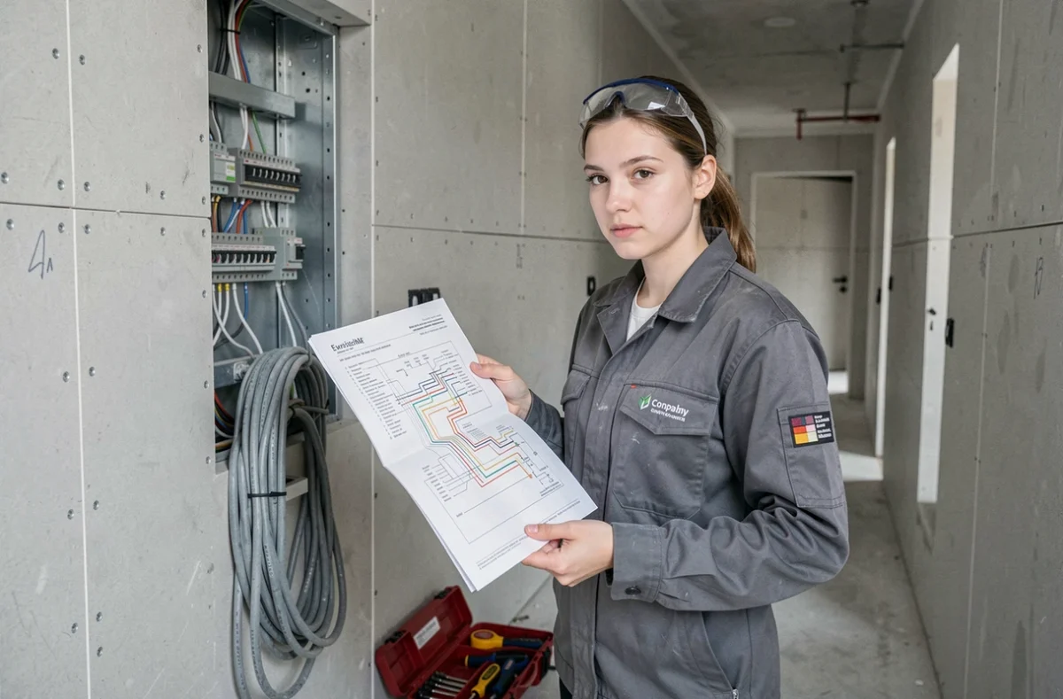 Apprentie électricienne consultant un schéma de câblage devant un tableau électrique en cours d'installation dans un appartement neuf
