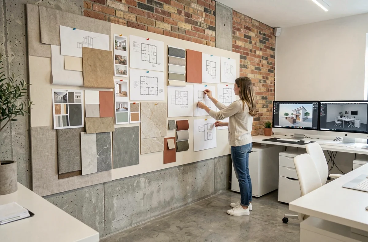 Designers de l'agence Archipelles à Caen épinglant des échantillons de matériaux et des esquisses sur un grand mur d'inspiration dans leur studio de conception
