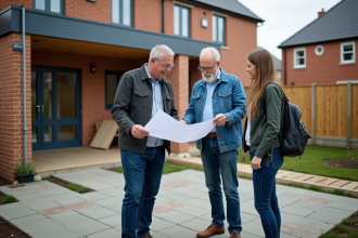 Architecte avec clients devant extension maison moderne