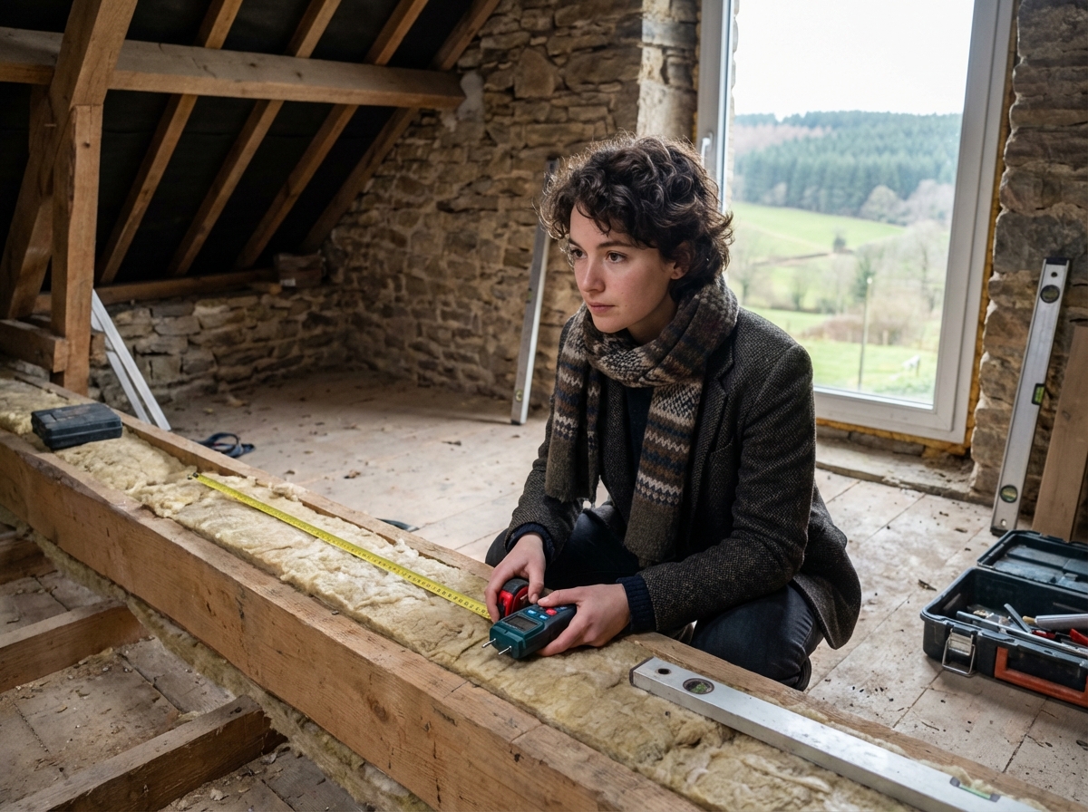 Jeune architecte inspectant l’isolation dans une maison rénovée