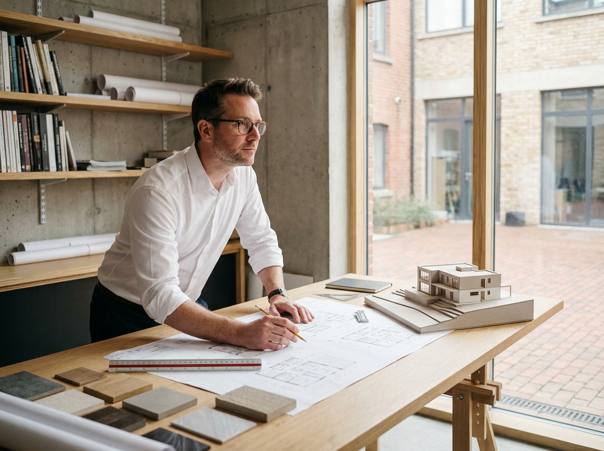 Architecte masculin étudiant des plans de construction détaillés sur une grande table de travail en bois dans un studio professionnel
