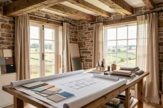 Studio d'architecture d'intérieur en Normandie avec poutres en chêne, mur en pierre et table de travail couverte de plans et d'échantillons de matériaux