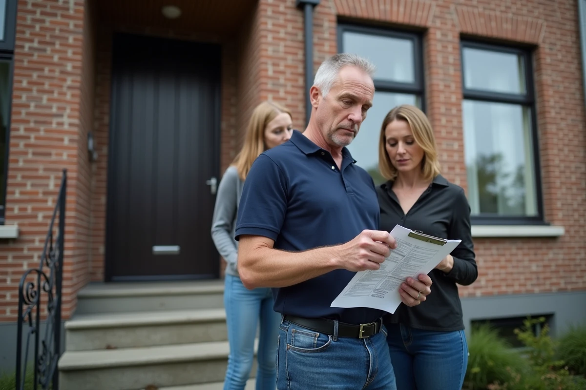 Artisan et propriétaires belges discutant d'un devis de rénovation devant une maison en briques à Bruxelles