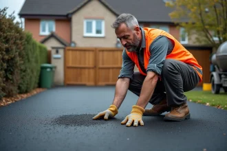 Artisan examinant la texture d'un enrobé drainant fraîchement posé sur une allée résidentielle