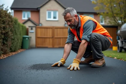Artisan examinant la texture d'un enrobé drainant fraîchement posé sur une allée résidentielle