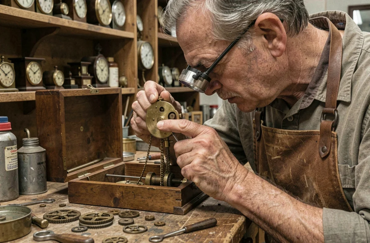 Artisan horloger inspectant le mécanisme d'une horloge comtoise dans un atelier de réparation