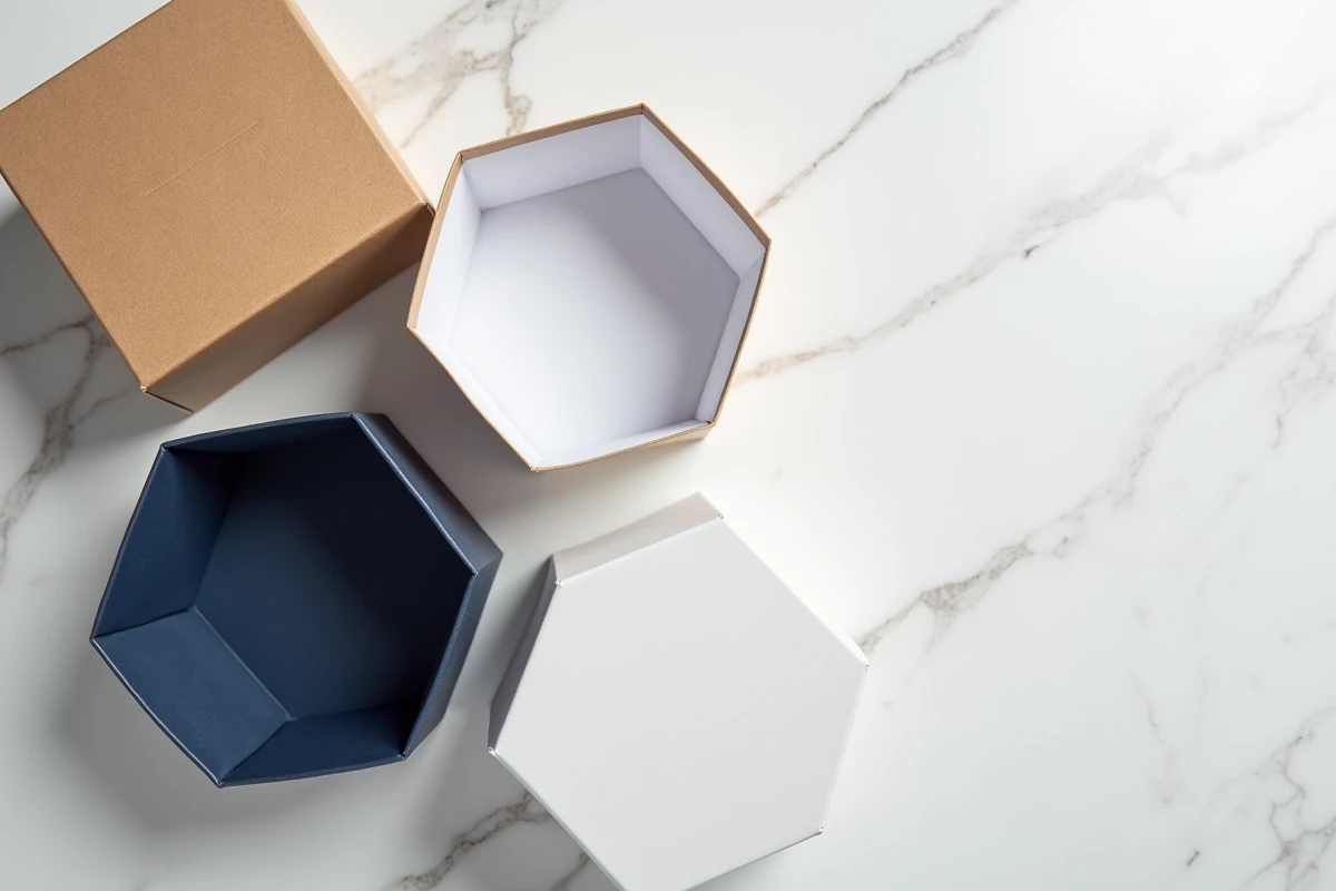 Assortiment de boîtes à cadeaux vides en gros sur fond de marbre blanc pour événements et occasions spéciales