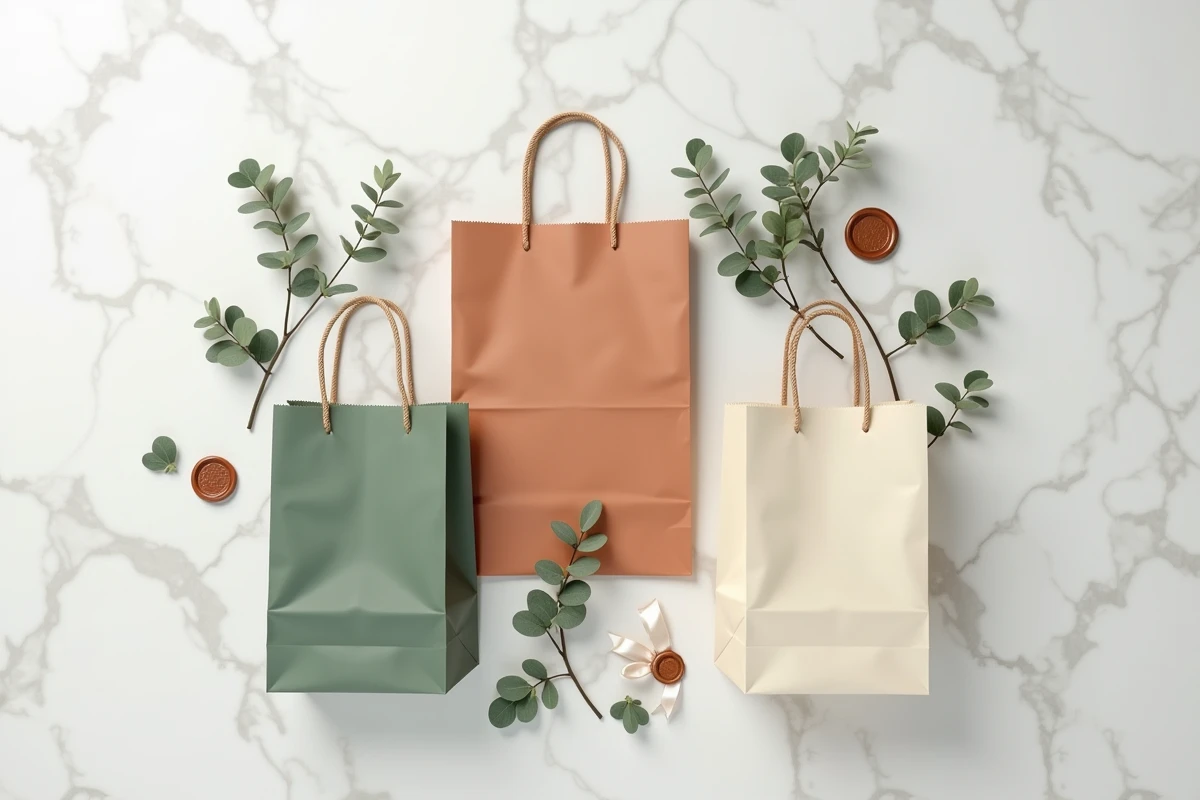 Assortiment de pochettes cadeaux en papier pour décoration d'événement sur marbre blanc