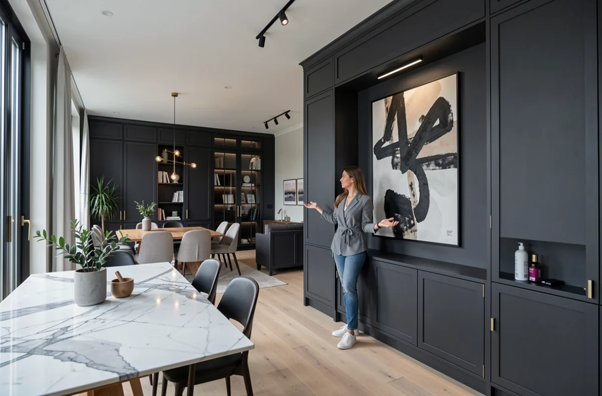 Designer de l'Atelier AD présentant un appartement contemporain à Rouen avec menuiserie sur-mesure en anthracite, table en marbre et parquet en chêne clair