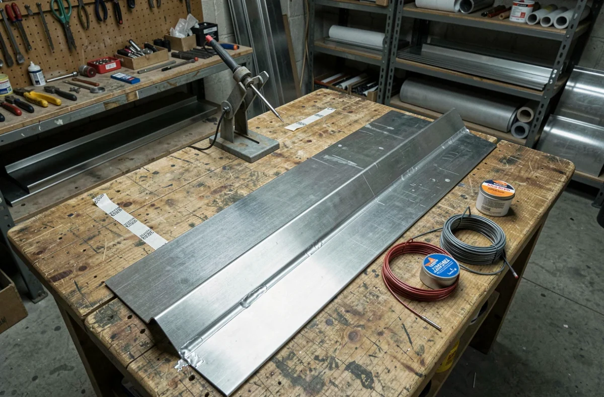 Plan de travail d'atelier avec gouttières en zinc, fer à souder, fil d'étain et ruban de protection thermique pour soudure sans brûler la peinture
