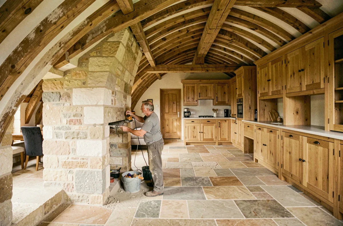 Artisan restaurant la maçonnerie en pierre calcaire d'une ferme patrimoniale à voûtes dans le Calvados, rénovée par Les Ateliers du Bocage avec poutres en chêne et sol en pierre ancienne