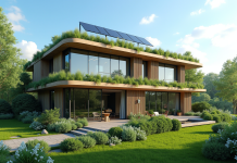 Bâtiment bioclimatique écologique avec toit vert et panneaux solaires