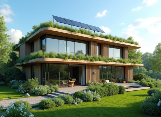 Bâtiment bioclimatique : définition, intérêt et caractéristiques à connaître ! Bâtiment bioclimatique écologique avec toit vert et panneaux solaires