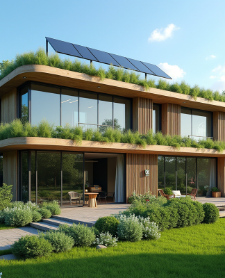 Bâtiment bioclimatique écologique avec toit vert et panneaux solaires