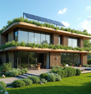 Bâtiment bioclimatique : définition, intérêt et caractéristiques à connaître ! Bâtiment bioclimatique écologique avec toit vert et panneaux solaires