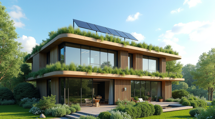 Bâtiment bioclimatique écologique avec toit vert et panneaux solaires