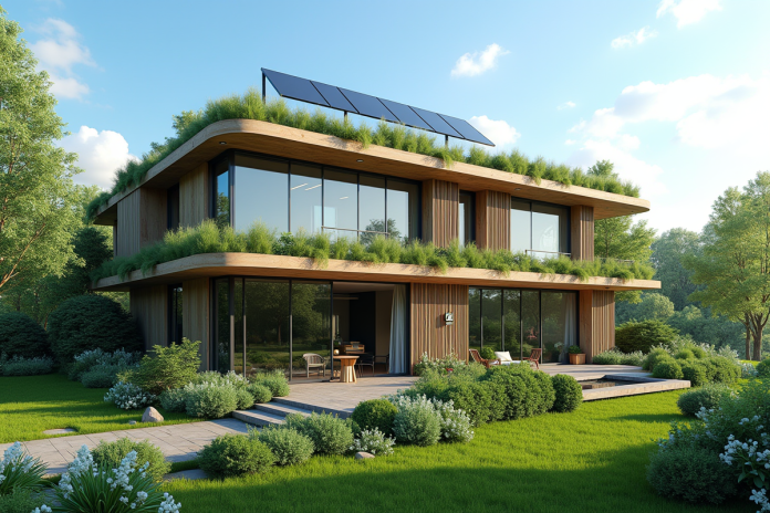 Bâtiment bioclimatique écologique avec toit vert et panneaux solaires
