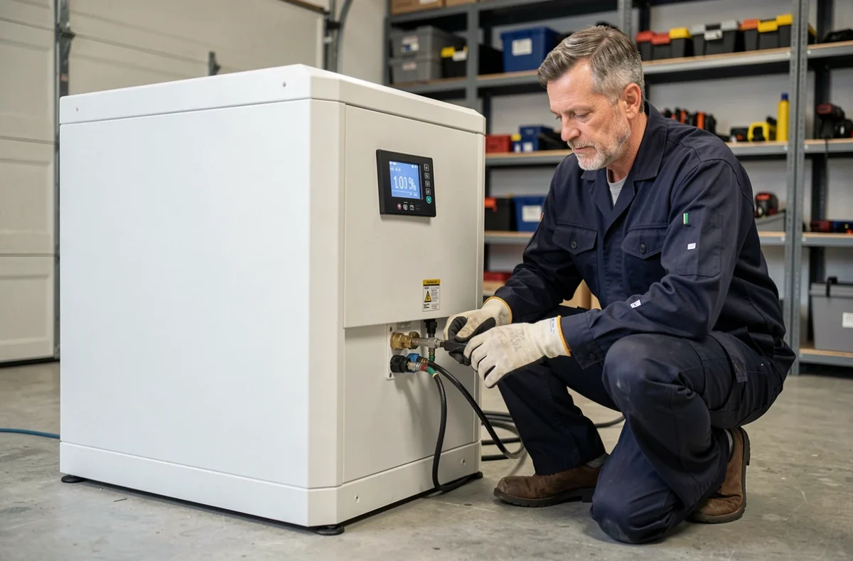 Technicien installant une batterie de stockage pour kit solaire autoconsommation 4000W dans un garage