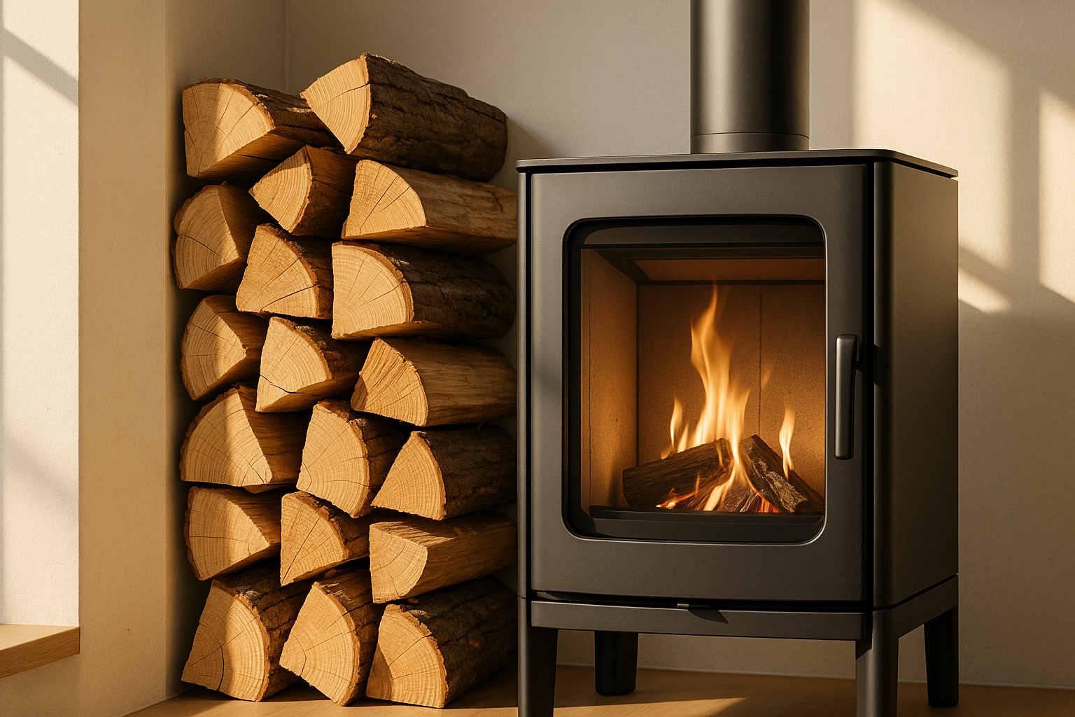 Gros plan sur des bûches près d un poêle à bois moderne