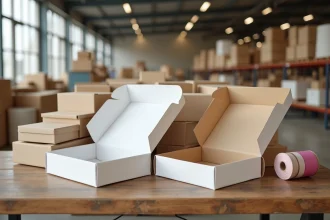 Boîtes à cadeaux vides en gros empilées sur une table en bois dans un entrepôt de fournitures d'emballage
