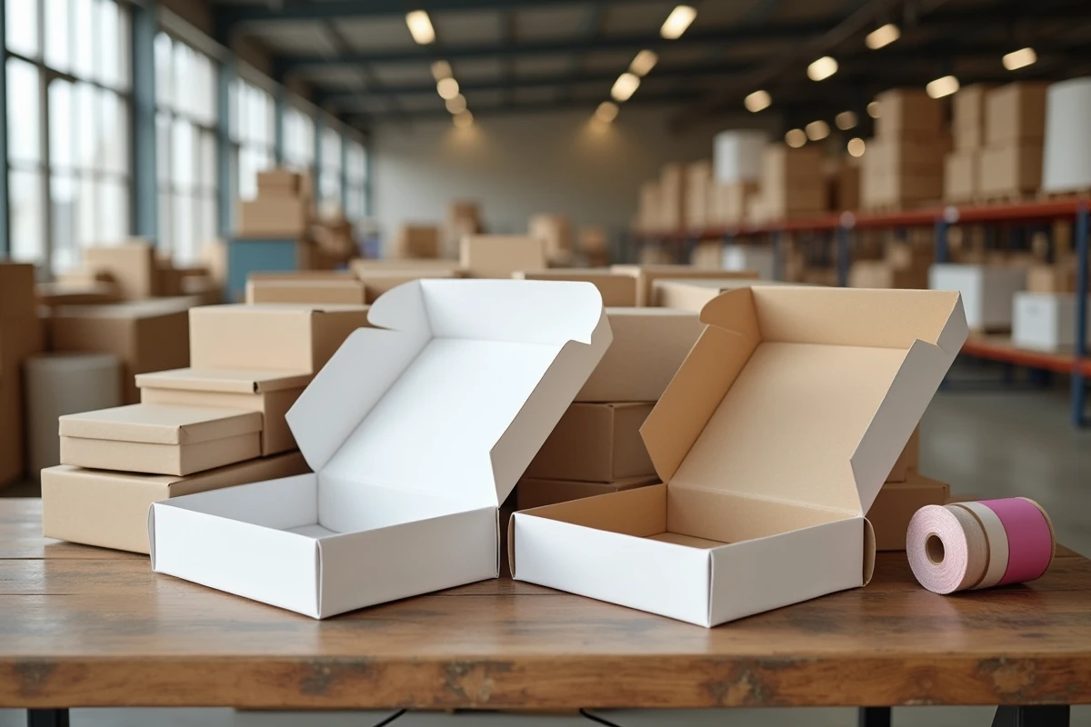 Boîtes à cadeaux vides en gros empilées sur une table en bois dans un entrepôt de fournitures d'emballage