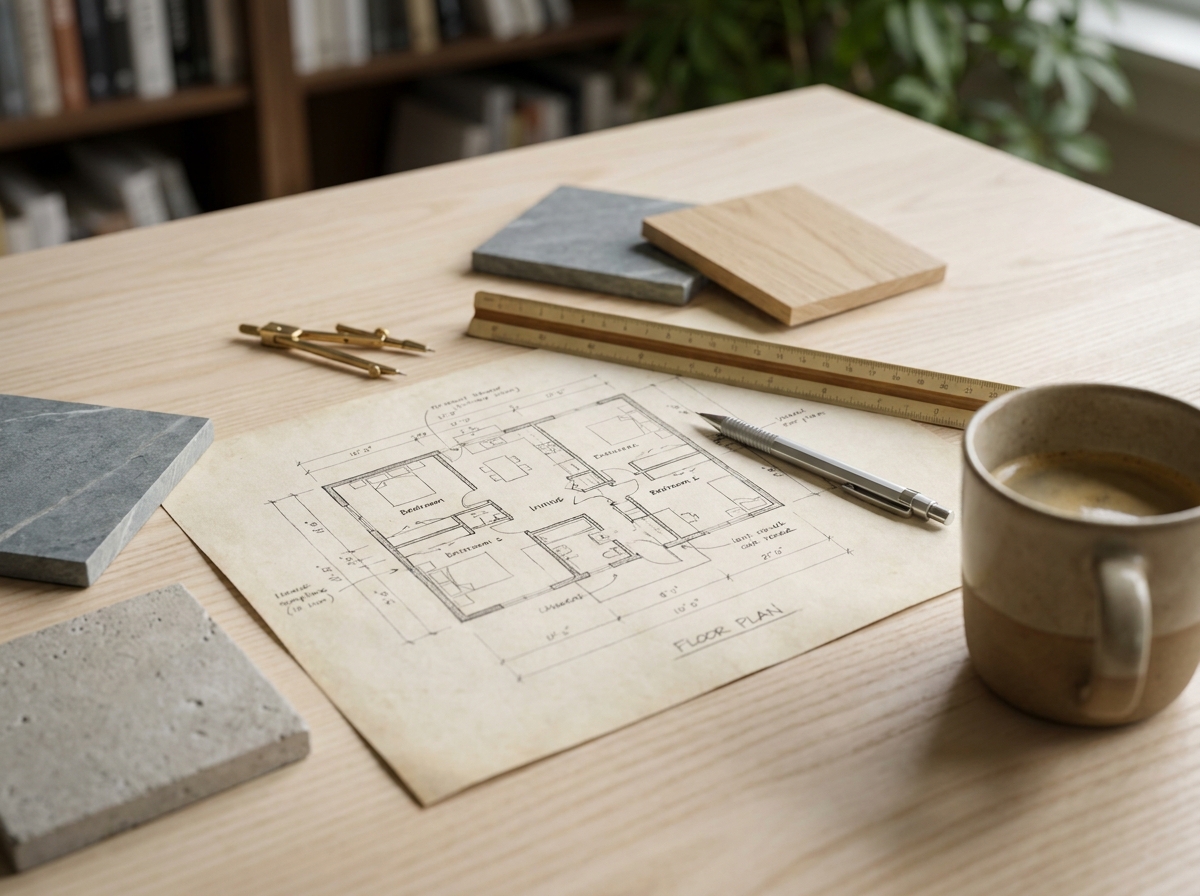 Gros plan sur un bureau d'architecte organisé avec plans annotés, échantillons de matériaux naturels et outils de dessin techniques