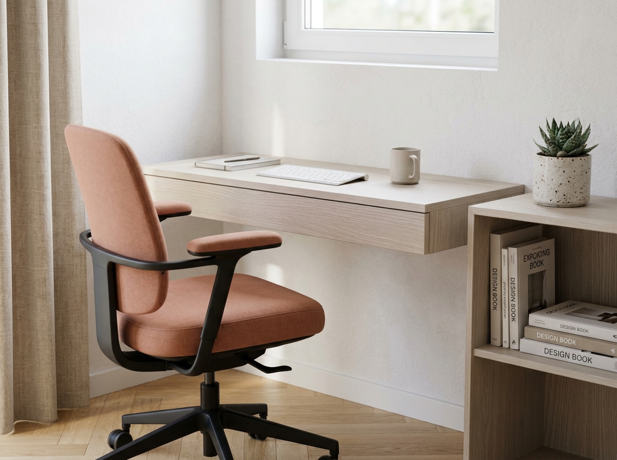 Bureau contemporain à domicile avec bureau flottant en frêne, chaise ergonomique terracotta et étagères en bois pour un espace de travail tendance