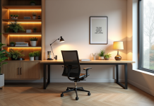 Coin de bureau moderne sans fenetre avec plantes et decor minimaliste