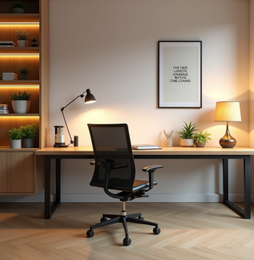 Aménagement bureau : idées pour optimiser un espace de travail sans fenêtres Coin de bureau moderne sans fenetre avec plantes et decor minimaliste