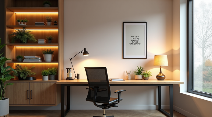 Coin de bureau moderne sans fenetre avec plantes et decor minimaliste