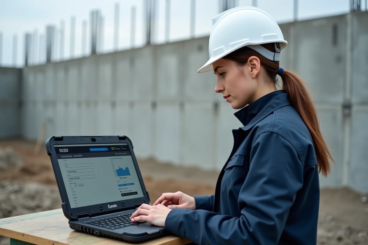 Ingénieure utilisant un calculateur en ligne pour estimer les m3 de béton nécessaires sur un chantier