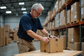Professionnel de la logistique mesurant un colis en carton dans un entrepôt de fret pour calculer le volume en mètres cubes