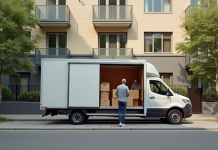 Camion de déménagement compact devant un immeuble résidentiel