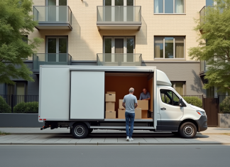 Le choix du camion de 6 m3 : idéal pour un déménagement de petite taille Camion de déménagement compact devant un immeuble résidentiel