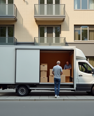Camion de déménagement compact devant un immeuble résidentiel
