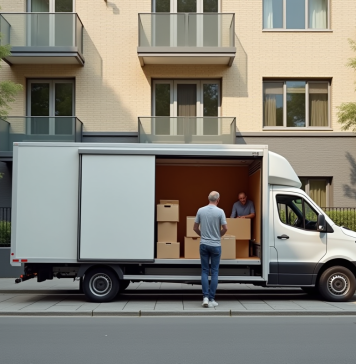 Camion de déménagement compact devant un immeuble résidentiel