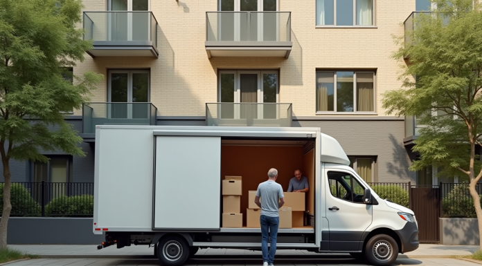 Camion de déménagement compact devant un immeuble résidentiel