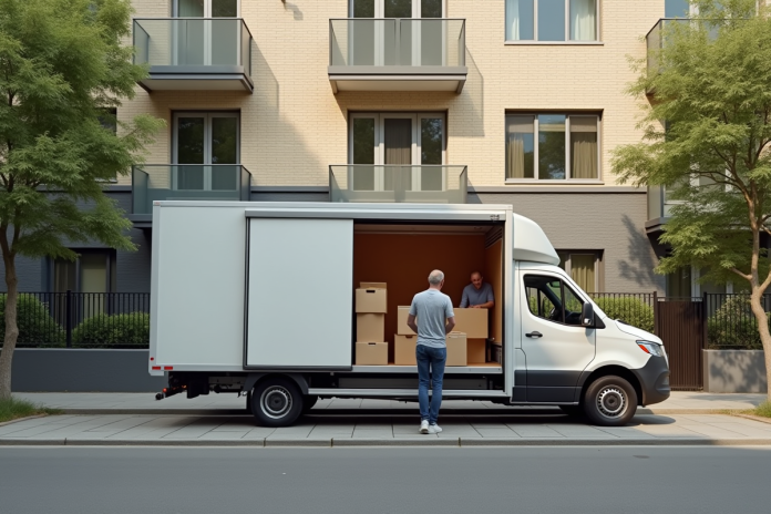 camion-de-mouvement-urbain Camion de déménagement compact devant un immeuble résidentiel