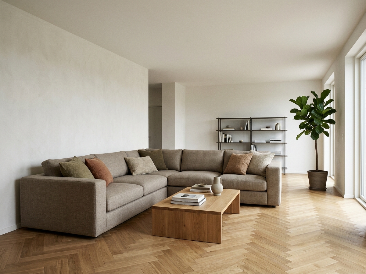 Canapé d'angle en tissu beige dans un salon moderne avec parquet en chêne et table basse en bois