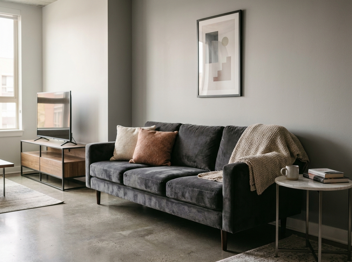Canapé droit en velours anthracite dans un appartement urbain compact avec sol en béton ciré