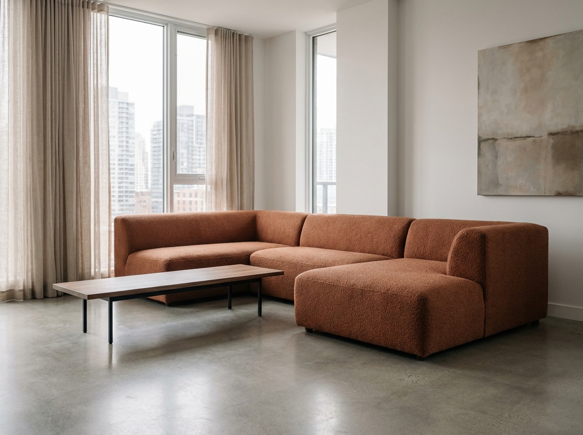 Canapé modulable sur mesure en bouclé terracotta dans un salon minimaliste avec table basse en noyer