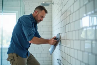 Carreleur posant des carreaux blancs dans une salle de bain